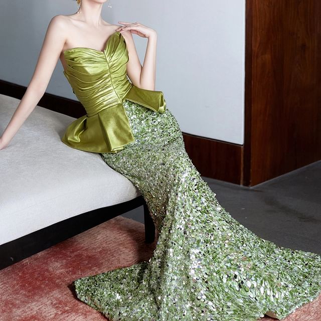 Fioridi - Strapless Sequin Ruched Panel Peplum Mermaid Evening Gown |  YesStyle