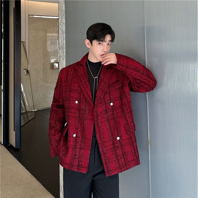 Freehop-Lapel Collar Plaid Double-Breasted Wool Coat