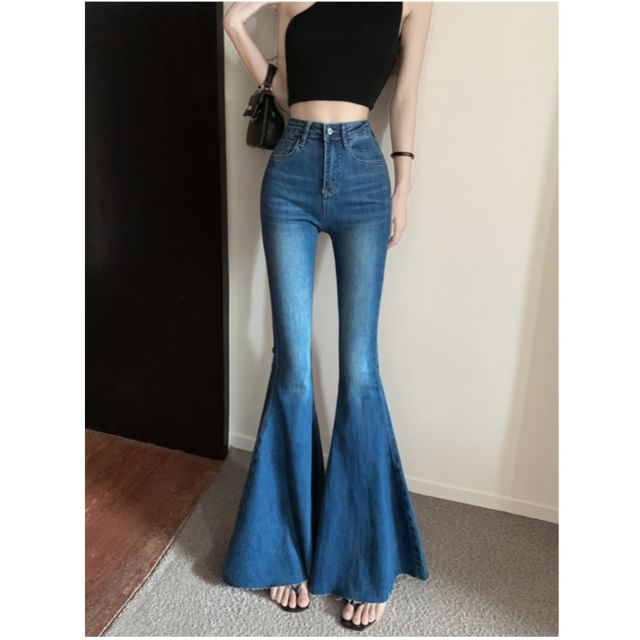 NENE-High Waist Washed Bell Bottom Jeans