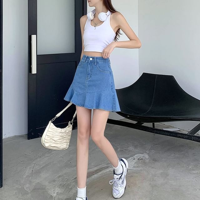 Yesstyle High Waisted Ruffle Denim Skirt Long Denim Skirt With