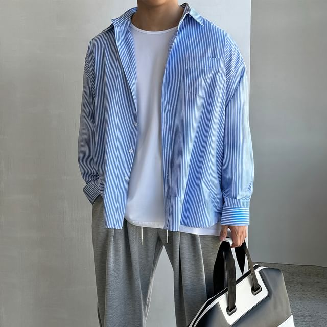 Okwano-Long Sleeve Collared Striped Shirt