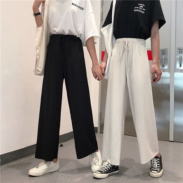 Everose-Drawstring Waist Plain Cropped Wide Leg Pants