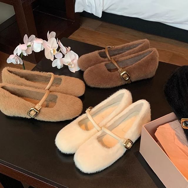 FRAISO-Plain Fluffy Mary Jane Shoes