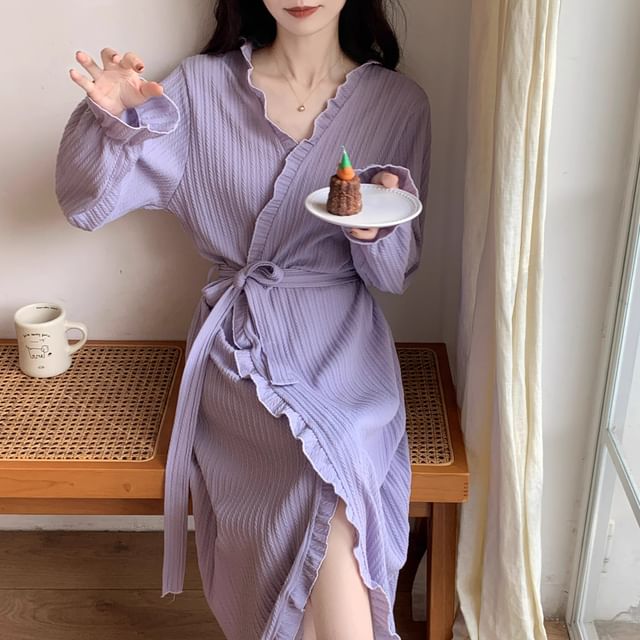 Dazzli-Plain Frill Trim Tie Waist Pajama Robe