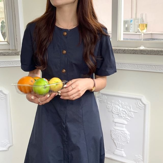 scenesweet-Puff Sleeve Plain Button-Up Slim-Fit Mini Dress