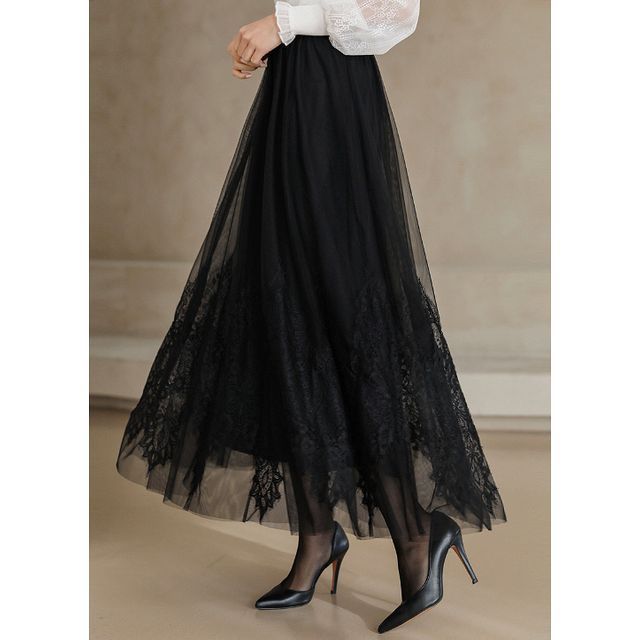 Styleonme Lace Maxi Flare Skirt Yesstyle