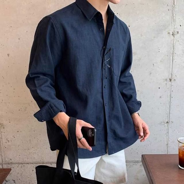 Naideth-Long Sleeve Collared Plain Shirt