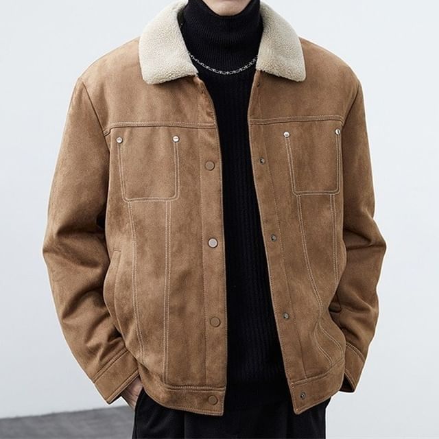 Nightbell-Contrast Collar Fleece Panel Button-Up Faux Suede Jacket