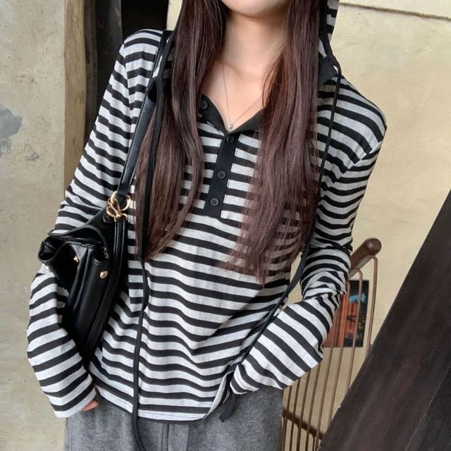 Cloud Nine-Hooded Drawstring Long-Sleeve Striped Crop T-Shirt