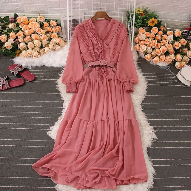 Knutsford LongSleeve VNeck Plain Midi ALine Dress YesStyle