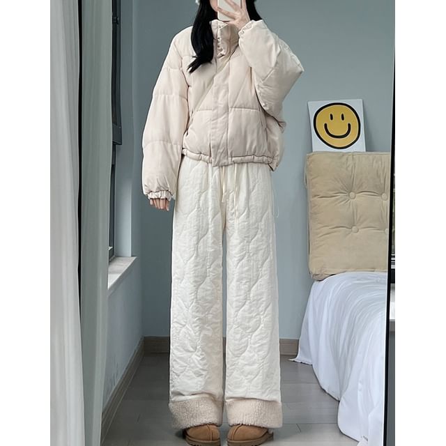 evanesce-Drawstring Waist Plain Quilted Wide Leg Pants