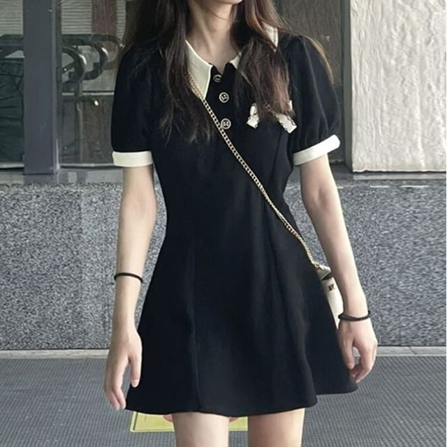 Short-Sleeve Contrast Collar Mini A-Line Polo Dress