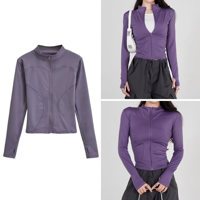 Amyway-Mock Neck Plain Zip-Up Crop Jacket