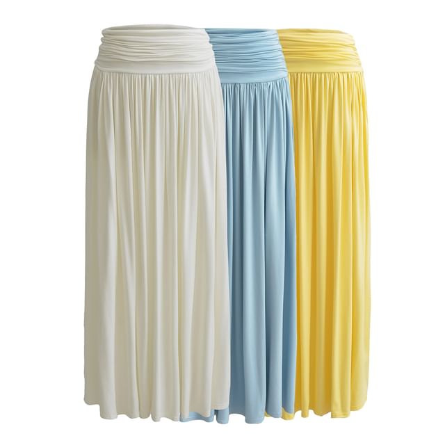 Asiris-High Waist Plain Ruched Midi A-Line Skirt