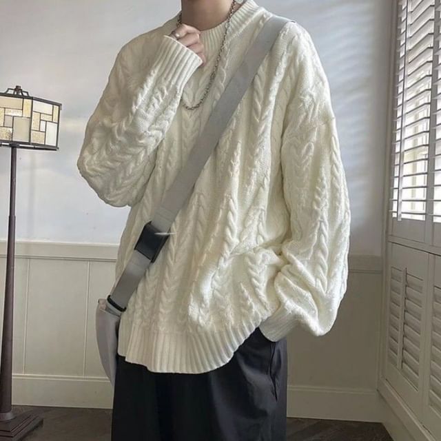 Femilina-Round Neck Cable Knit Sweater