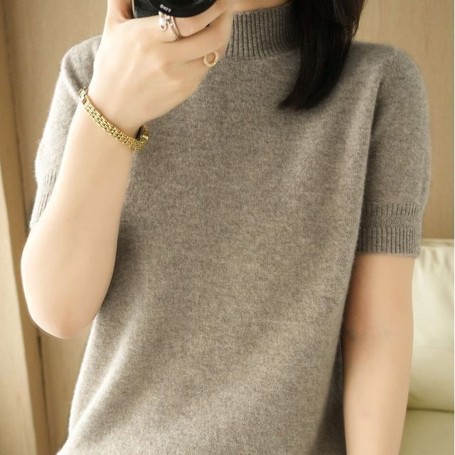 Weelop-Short-Sleeve Mock Neck Plain Knit Top