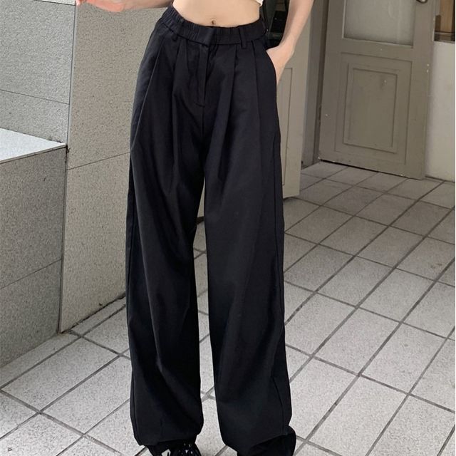 monroll - High Waist Plain Wide Leg Pants