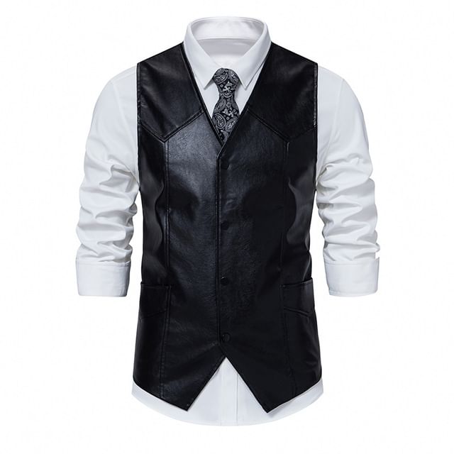 YIKES-Faux Leather V-Neck Button-Up Vest