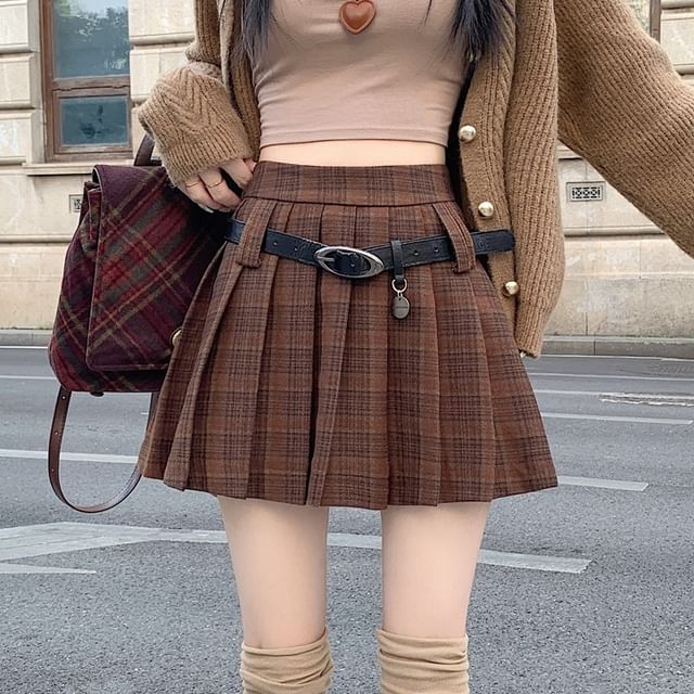 Piwonia Set: High waist Plaid Pleated Mini A-Line Skirt Faux