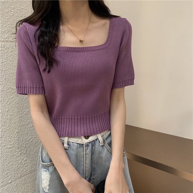 Gallero Short-Sleeve Square-Neck Knit Top Tangerine One Size