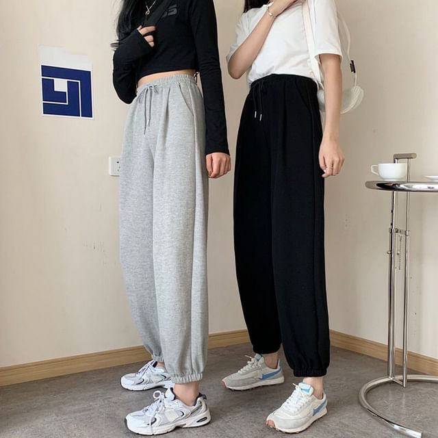 Wildfoea-High Waist Plain Cropped Harem Pants