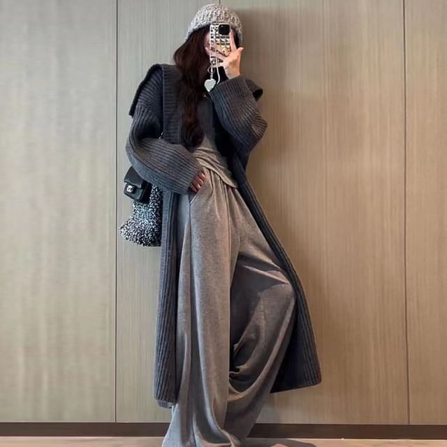 Hevnir Plain Pocket Detail Ribbed Midi Cardigan YesStyle