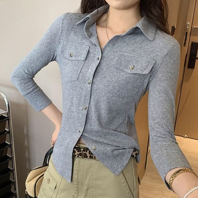 Asiris-Long Sleeve Plain Slim-Fit Button-Up Polo Top