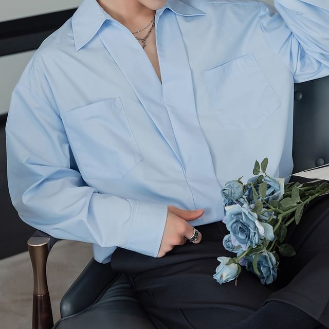 CHIC ERRO-Long-Sleeve V-Neck Collared Plain Shirt