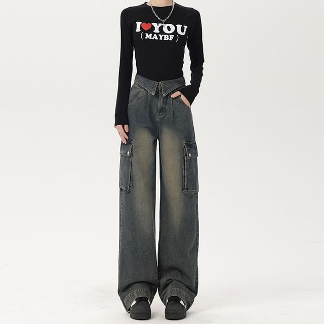 Denimot-High Waist Washed Wide Leg Jeans