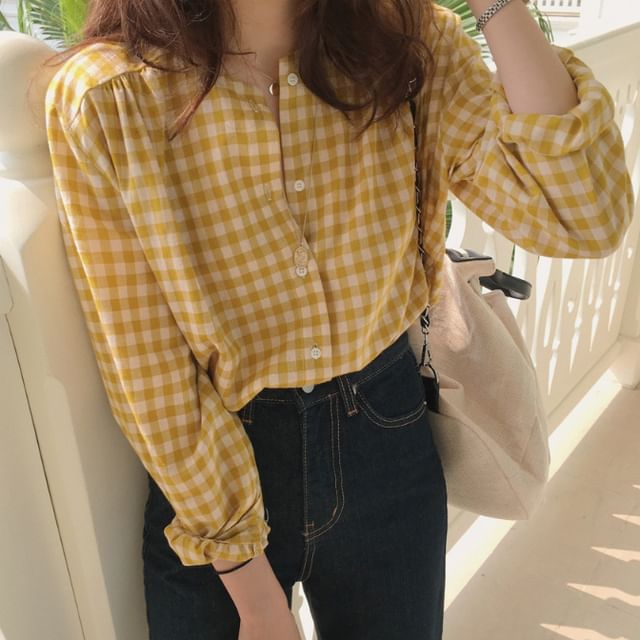Happo-Long Sleeve Round Neck Plaid Blouse