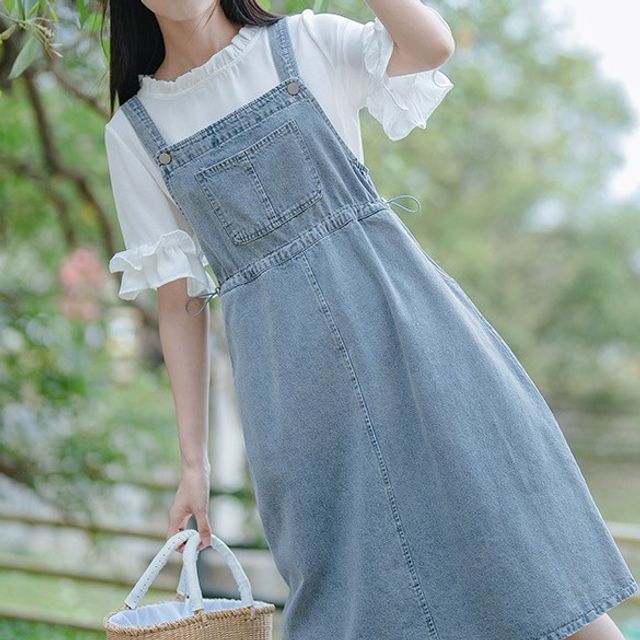 Casual Korean Jumper Dress Sansweet Denim Midi A-Line Jumper Dress  Short-Sleeve Ruffle