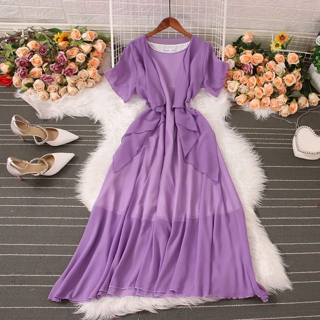 sachin and babi light blue dress Yolandus - Set : Short-Sleeve Plain Chiffon Cardigan + Sleeveless Round-Neck  Chiffon Dress