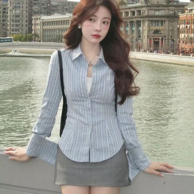 Everose-Long-Sleeve Collared Striped Shirt