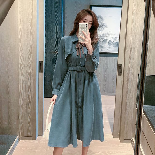 Tanzil - Long-Sleeve Corduroy A-Line Midi Dress | YesStyle