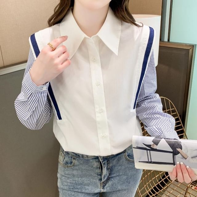 Dragan Pulse-Long-Sleeve Collared Striped Panel Button-Up Blouse