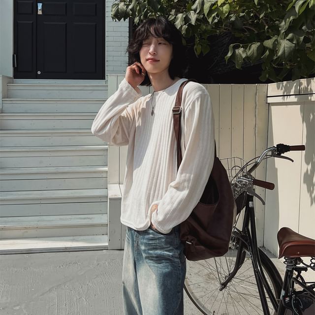 Omozando-Long Sleeve Crew Neck Ribbed Top