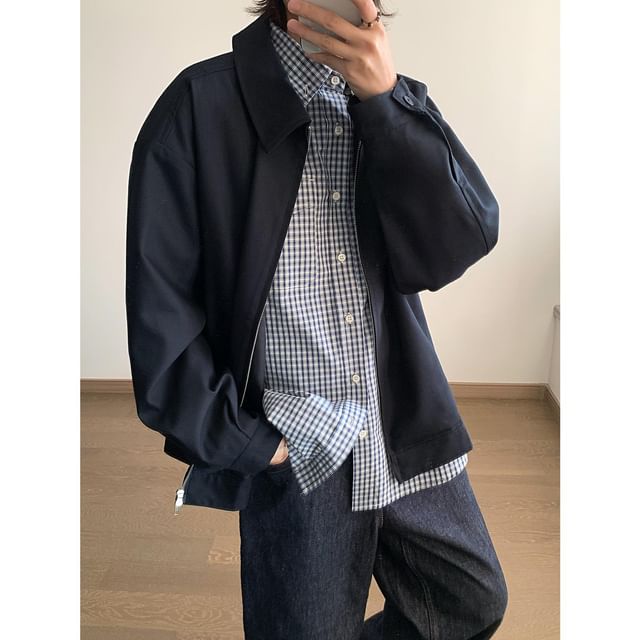 Omozando-Collared Plain Zip Jacket