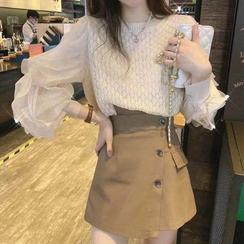 Fossigrove Crew Neck Plain Ruffle Trim Sweater High Waist Asymmetrical Button Front Skort Set YesStyle