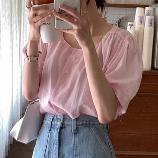 ISSOL-Elbow-Sleeve Round Neck Button-Up Plain Blouse