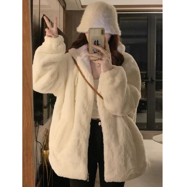 Dovitade-Plain Drawstring Hooded Fleece Zip Jacket