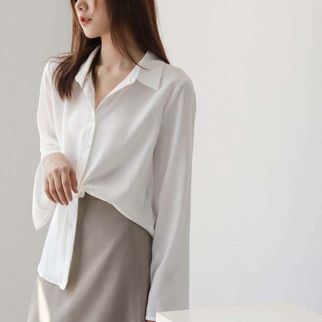 Everose-Flared-Sleeve Plain Shirt