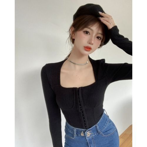 Ghic - Long-Sleeve Square Neck Plain Hook And Eye Slim-Fit Knit