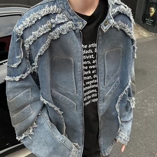 Antaeus-Fringed Washed Denim Zip Jacket