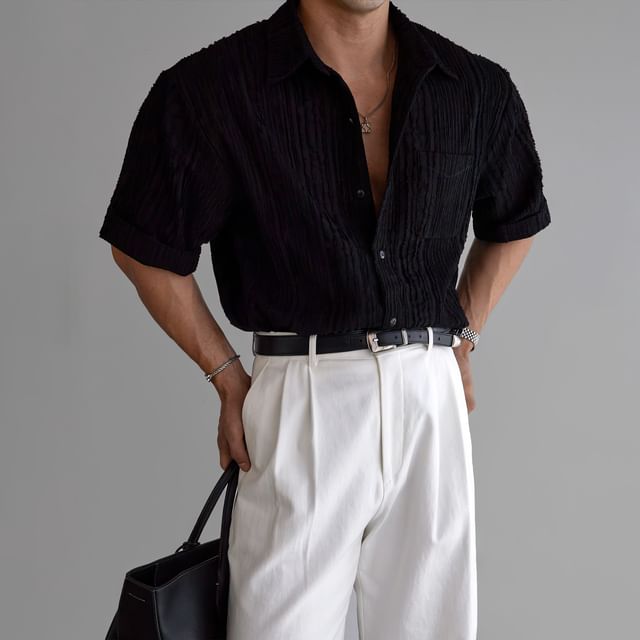 mopagrati-Elbow-Sleeve Textured Button-Up Plain Shirt