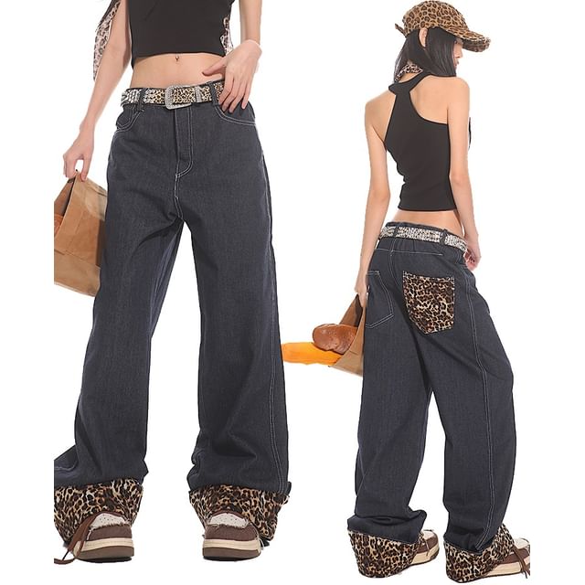 AXEN-Low Waist Leopard Print Panel Wide Leg Jeans
