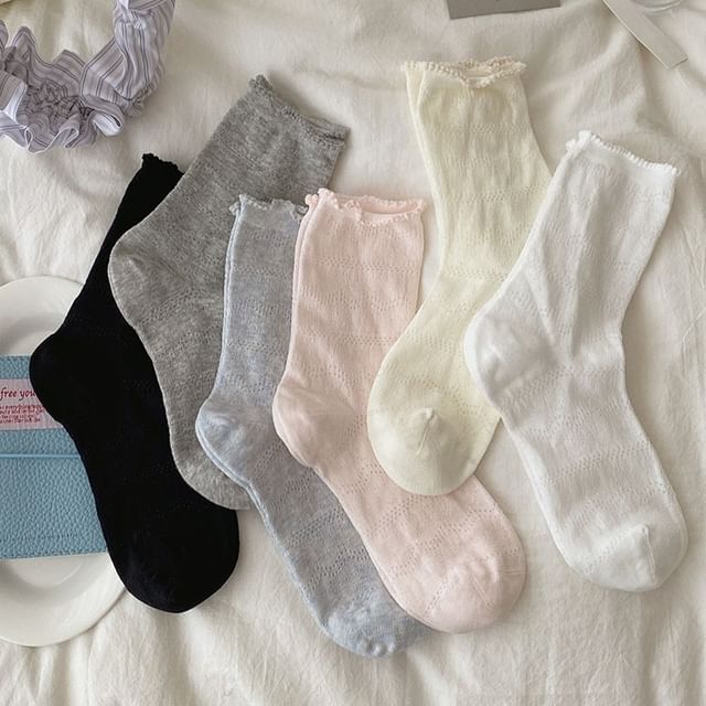 MOGLA-Ruffle Trim Plain Crew Socks