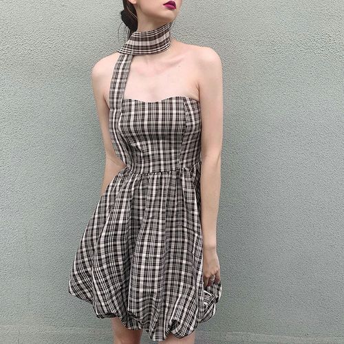 Laholla Asymmetrical Choker Neck Plaid A Line Dress YesStyle