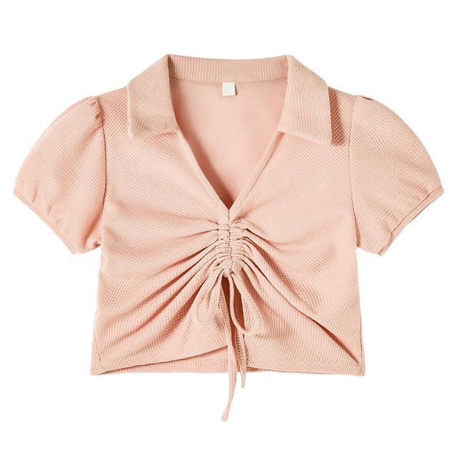 Lady Jean-Puff-Sleeve Plain Ribbed Drawstring Polo Shirt