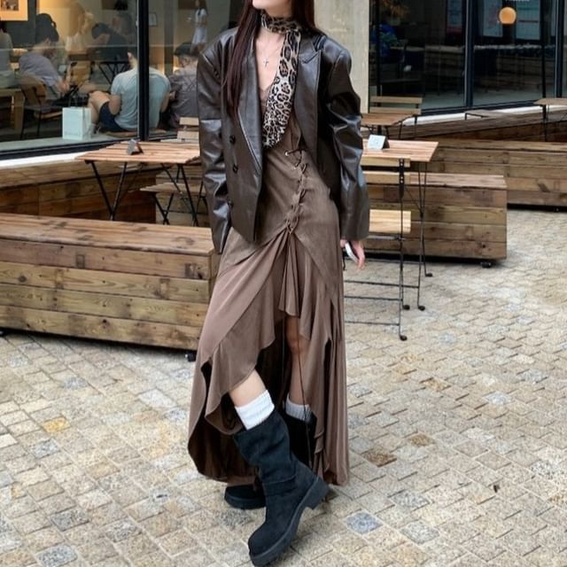 Trendycas-Plain Faux Leather Double-Breasted Blazer Spaghetti Strap Asymmetrical Drawstring Maxi A-Line Dress