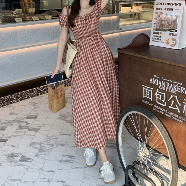 chinese dress ladies Rihoas Crew Neck Plaid A-Line Mini Dress For Women, Black / L main image 1